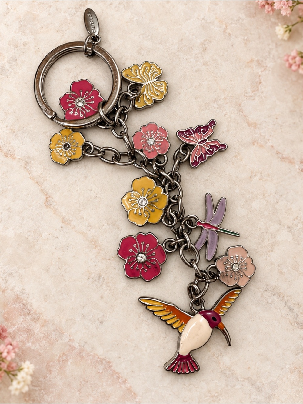 Chinese Laundry Hummingbird Floral Enamel Charm Keychain